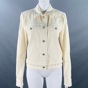 ETRO Size M Cream Eyelet Denim Fringe Trucker Jacket Blazer